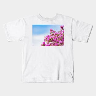 Vibrant Pink Rhododendron Blossoms and Blue Sky Kids T-Shirt